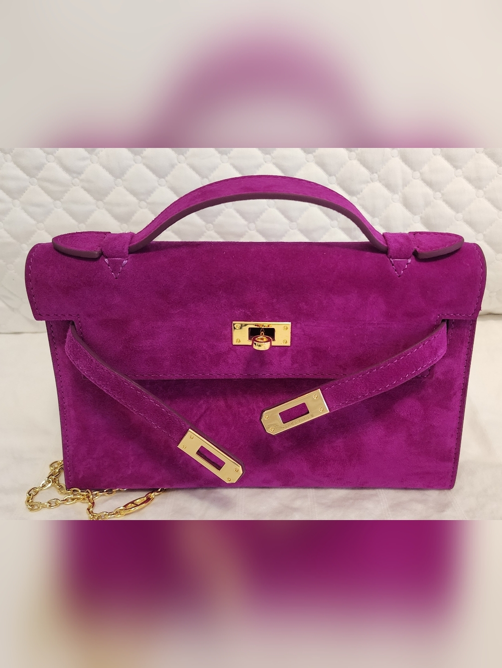 Kelly 22 Pochette Doblis Suede Purple Fushia  With Gold Chain Strap & Dust Bag